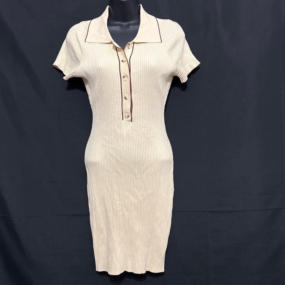 Fashion Nova L Cream Ribbed Polo Bodycon Dress Short Sleeve Academia Office - Picture 2 of 10